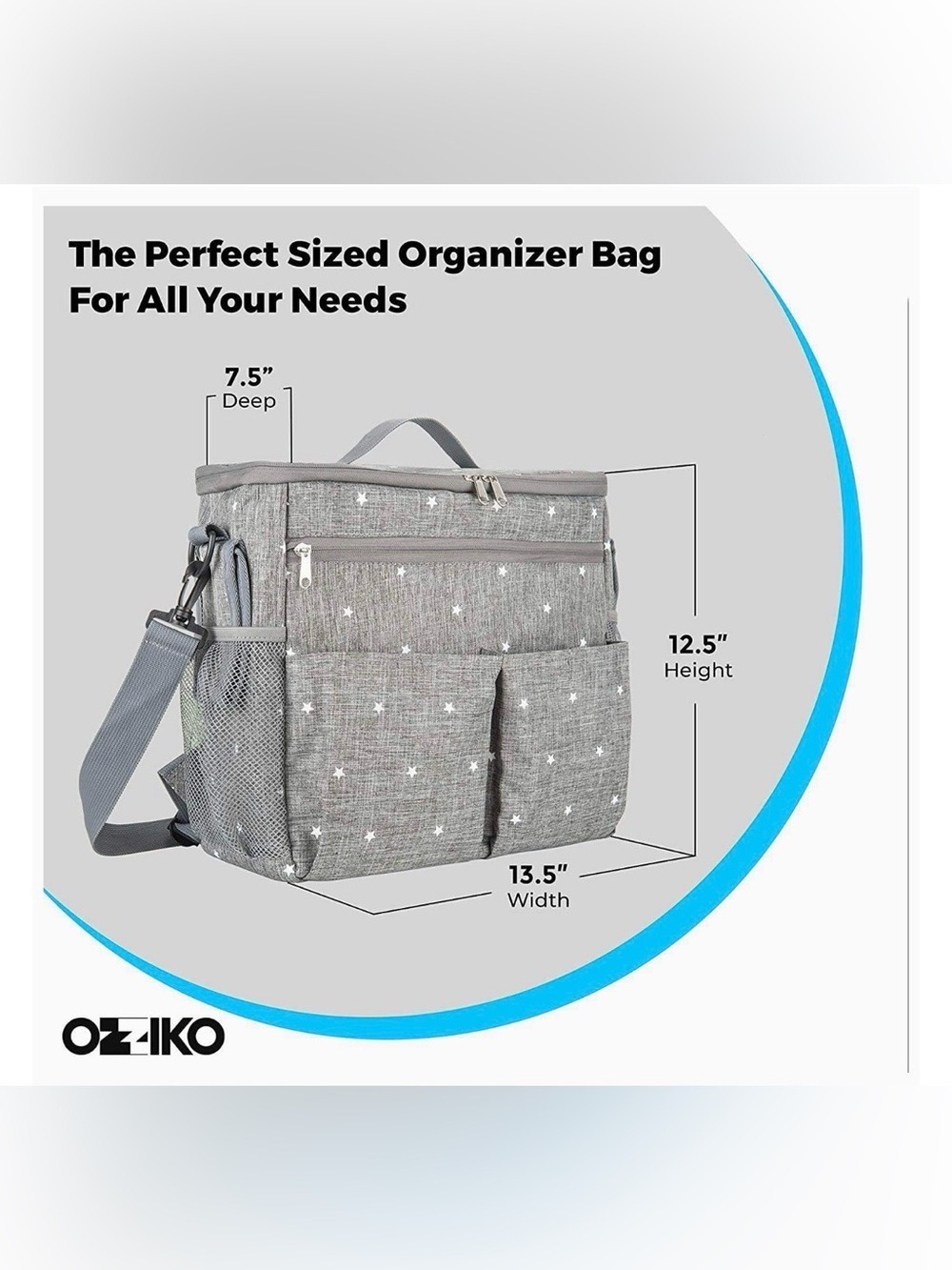 Ozziko Universal Stroller Organizer Diaper Bag Backpack Gray Stars